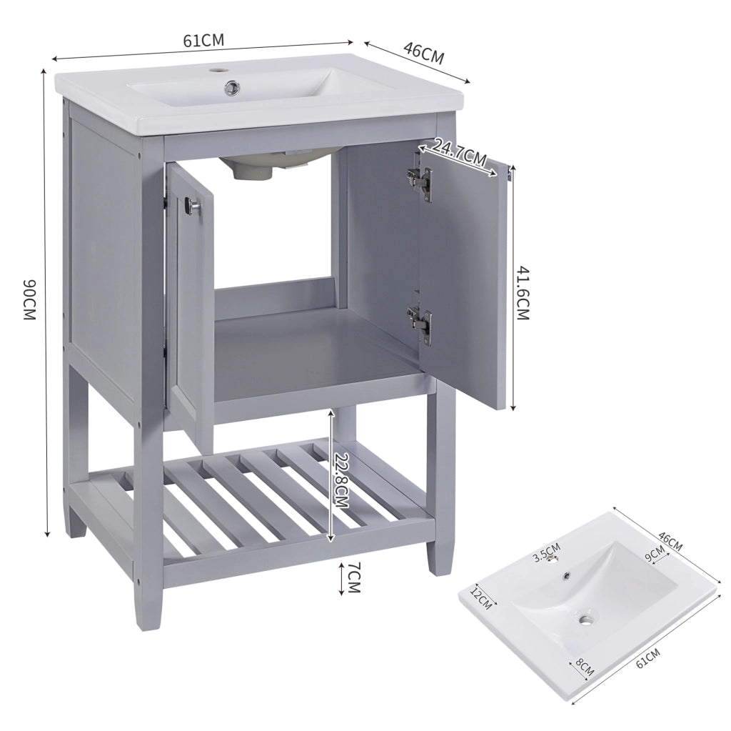 Mobile bagno con lavabo in ceramica, grigio e bianco