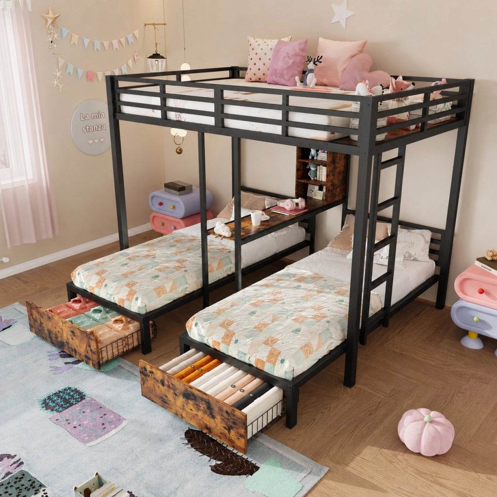 Letto a castello triplo, 140x200 e 90x200, con sponde e vani contenitore, metallo e MDF, nero