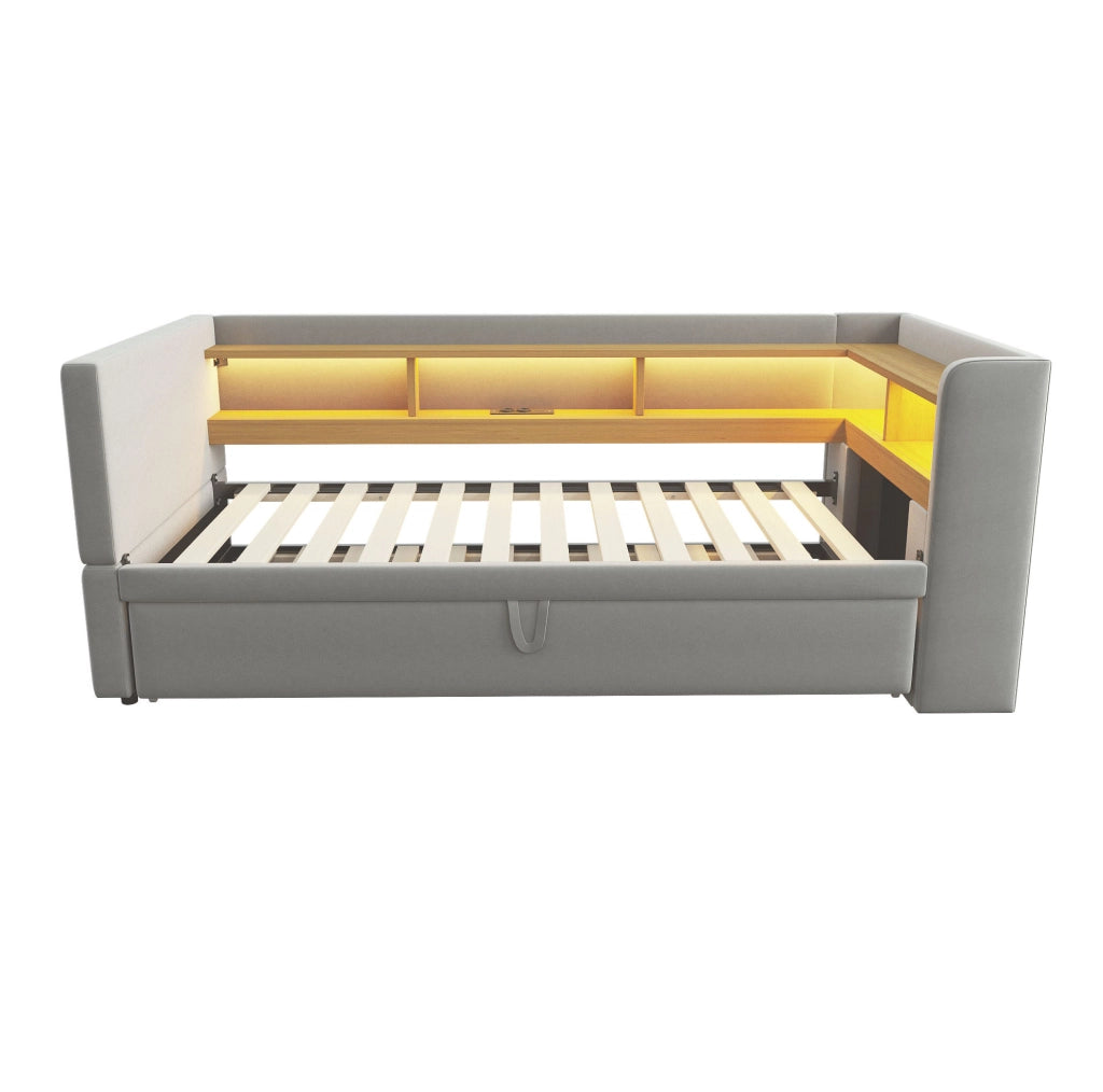 Divano letto estraibile 90/180x190 cm con LED, prese e vani in flanella grigio chiaro