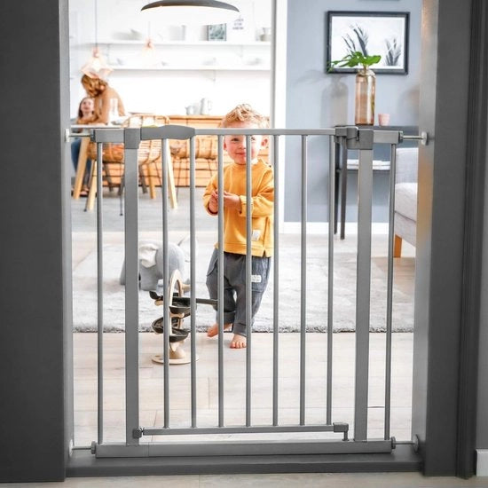 Stop N Safe 2 incluso estensione da 21 cm, cancelli per porte, cancelli di sicurezza per scale, 96-101 cm, chiusura a ingranaggio, combinabile con estensione da 9/21 cm e Y-spindello, Y-spindello, metallo, argento