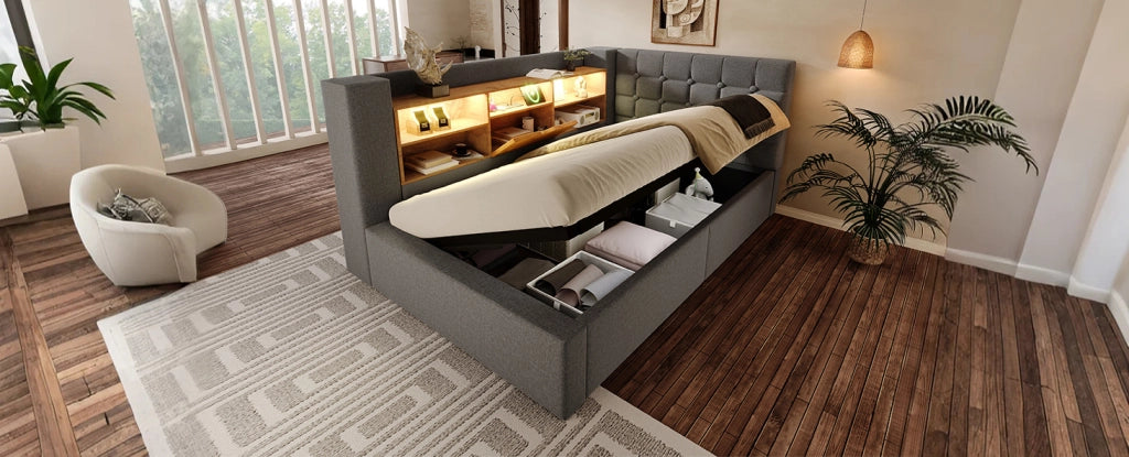 Letto singolo imbottito 90x200 cm con spazio contenitivo, illuminazione LED e materasso H3 a 7 zone