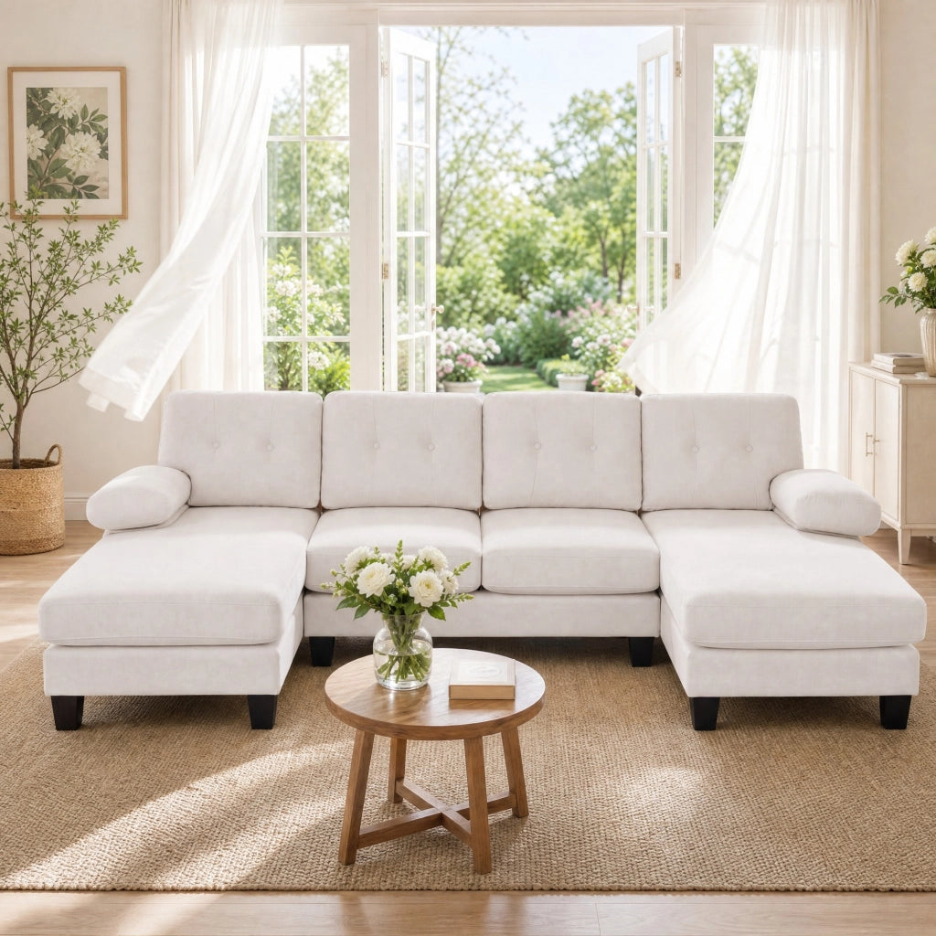 Divano panoramico con doppia chaise longue in ciniglia beige tasche laterali e braccioli rimovibili 84 × 268 × 128 cm