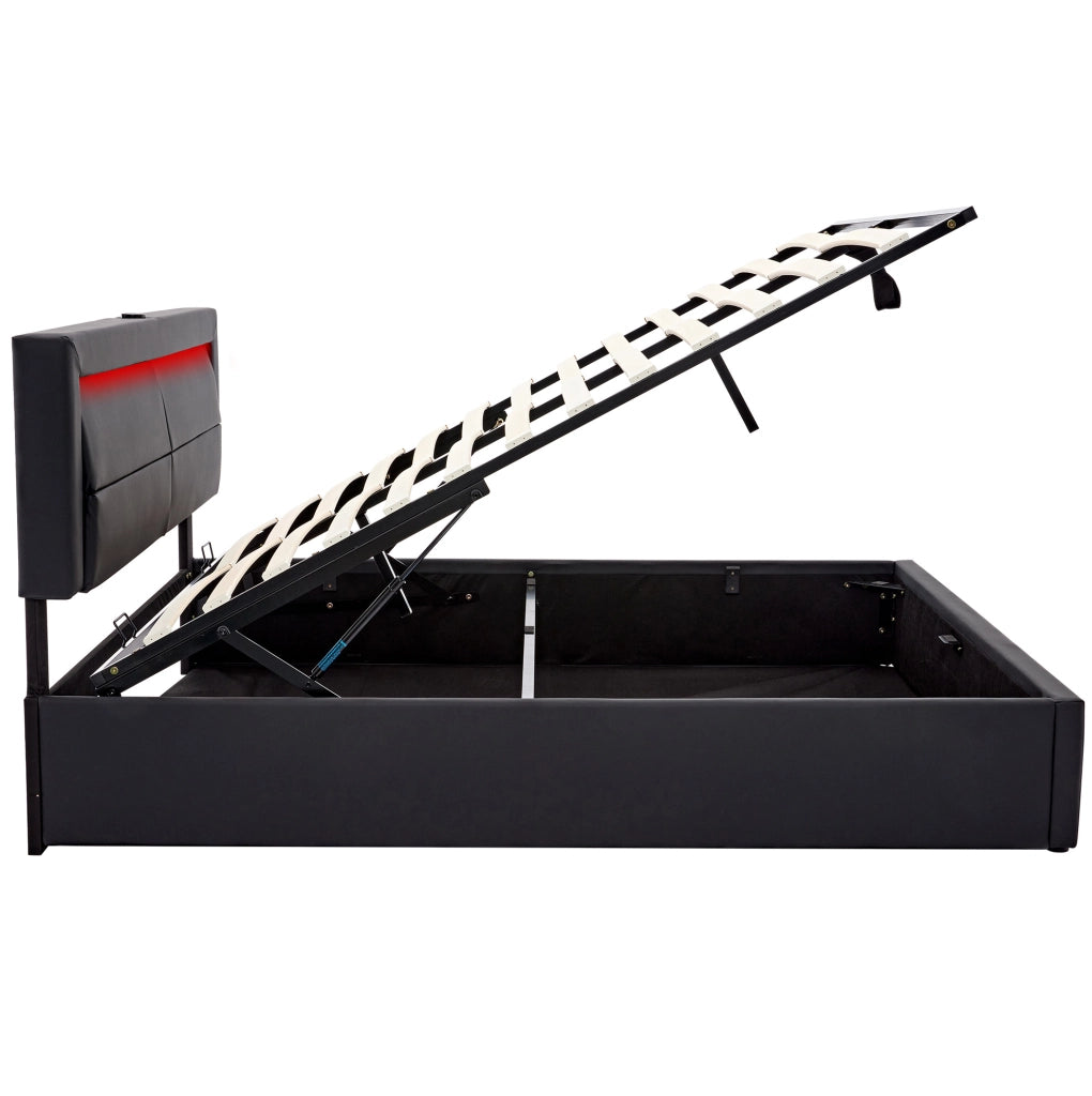 Letto imbottito 140x200 cm con USB; LED e contenitore; PU nero