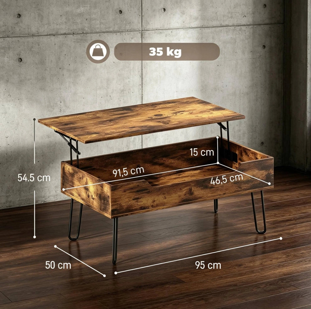 Tavolino da salotto con piano sollevabile e vano contenitore 95x50 cm noce rustico HOMVRA
