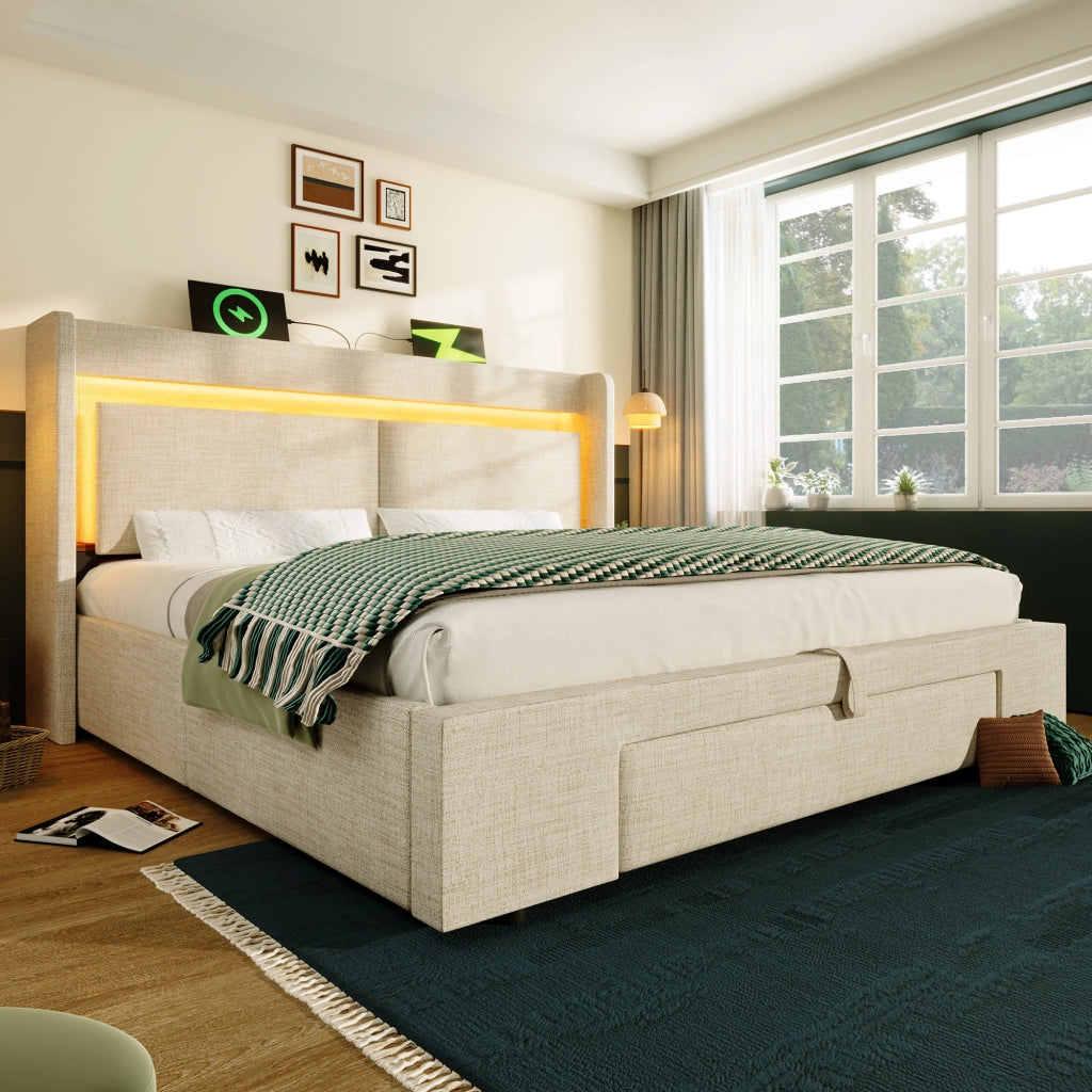 Letto contenitore 180 × 200 cm con testiera portaoggetti LED USB e USB-C in lino beige