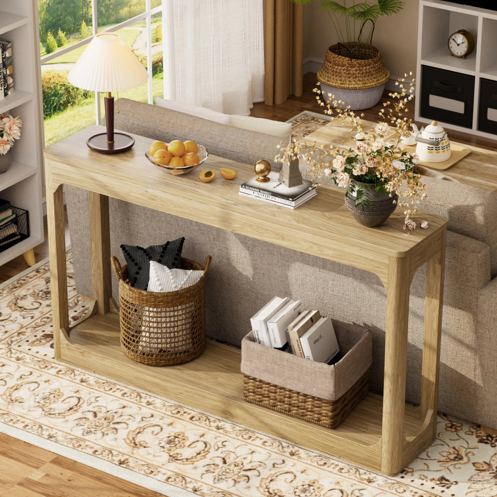 Tavolo consolle stretto 140 cm con ripiani aperti in MDF naturale HOMVRA