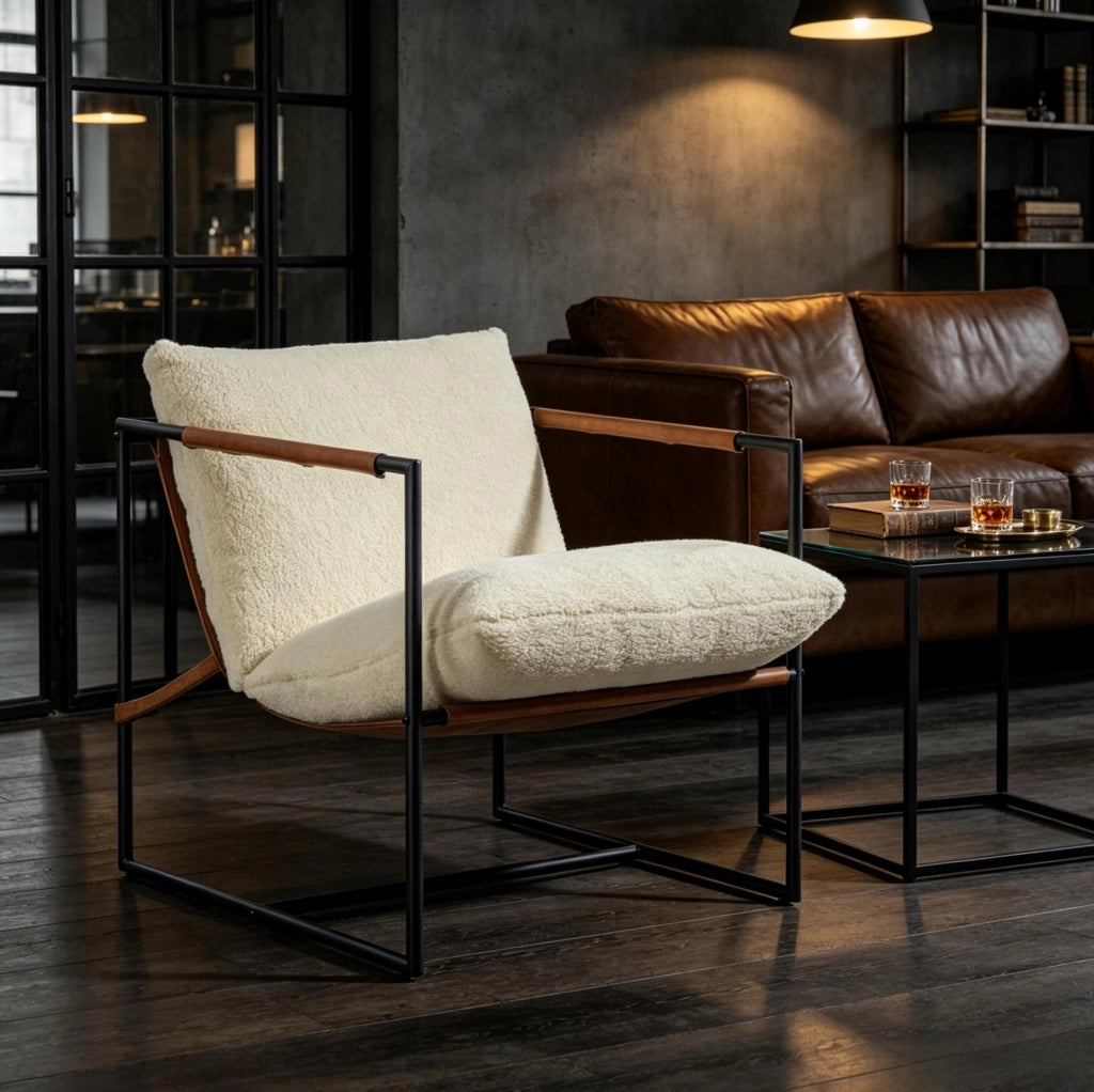 POLTRONA Bouclé Imbottita 77x91x80 cm Crema con Struttura in Acciaio al Carbonio