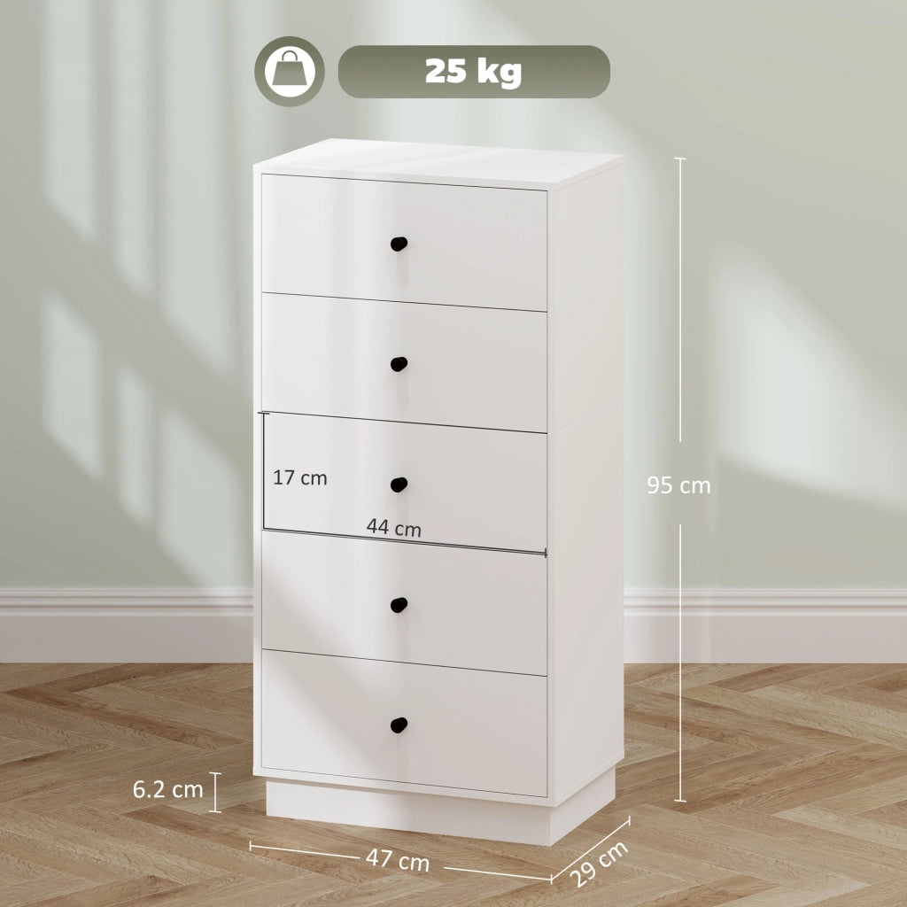Cassettiera moderna 5 cassetti in truciolato per camera da letto e casa, mobile comò salvaspazio robusto, bianco, 47x29x95 cm