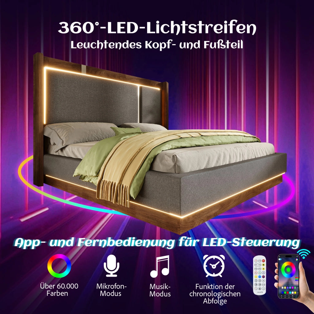 Letto contenitore 140 × 190 cm con rete a doghe LED e testiera imbottita in lino grigio e noce