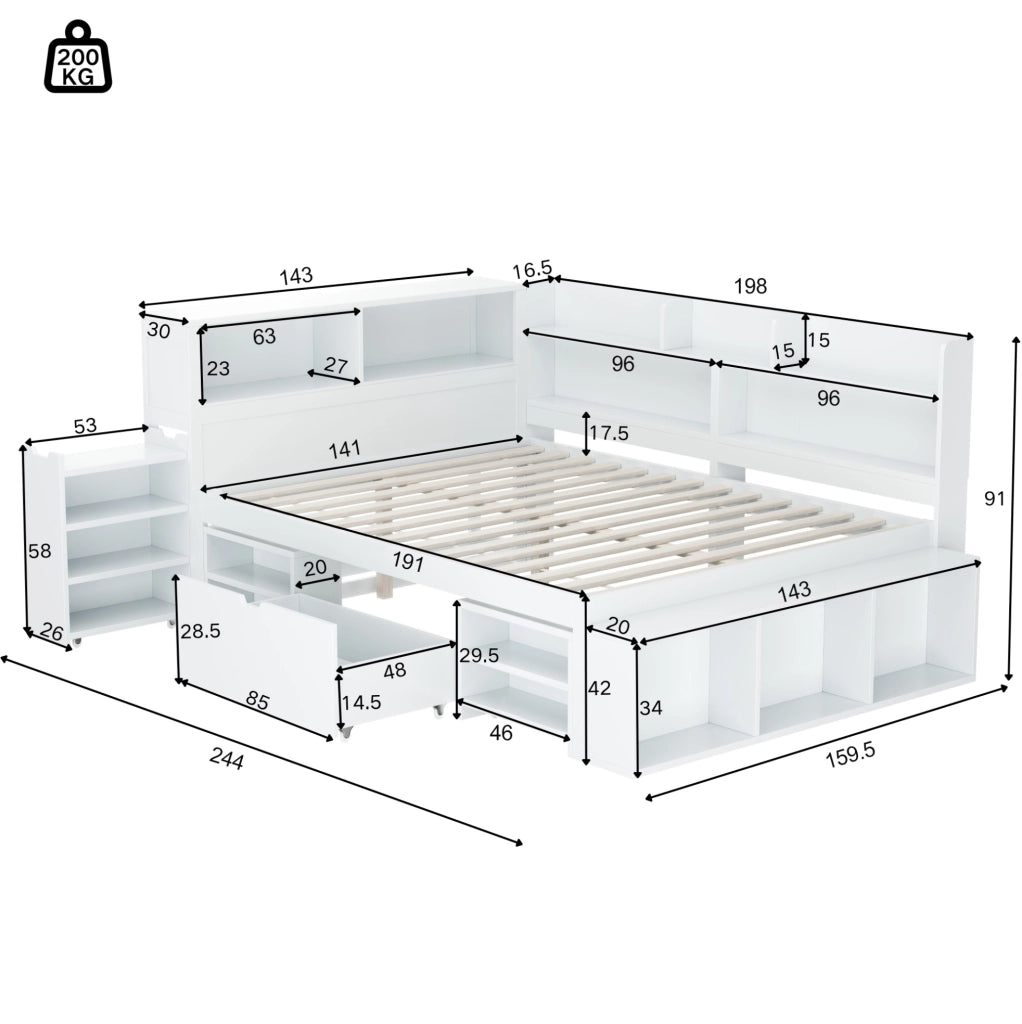 Letto per bambini 140x190 cm con cassetti e ripiani in compensato bianco