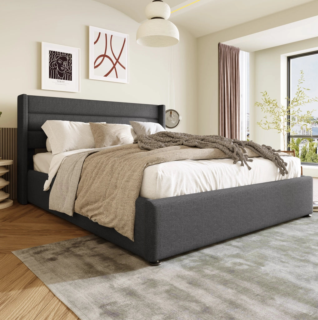 Letto contenitore 160x200 cm in lino grigio, idraulico, senza materasso
