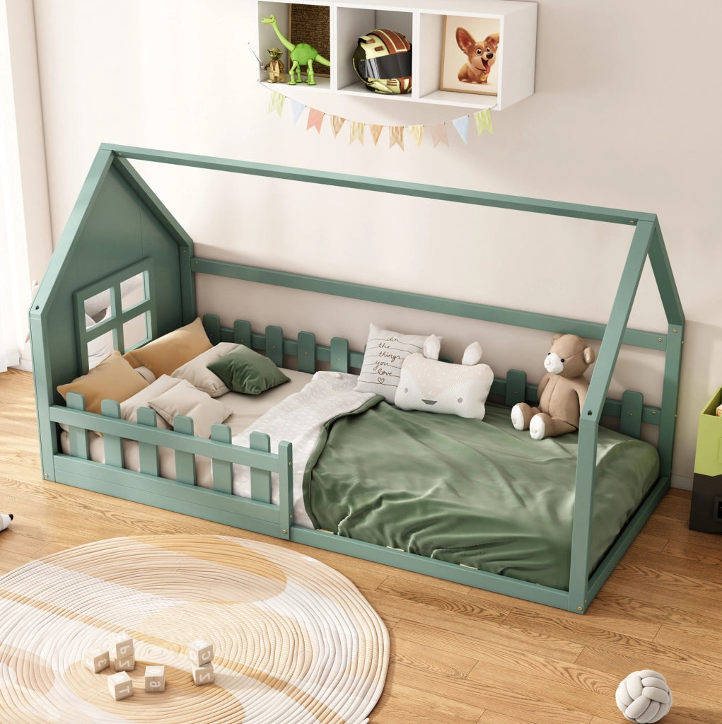 Letto per bambini a forma di casetta 90x200 cm in legno di pino e MDF, colore verde