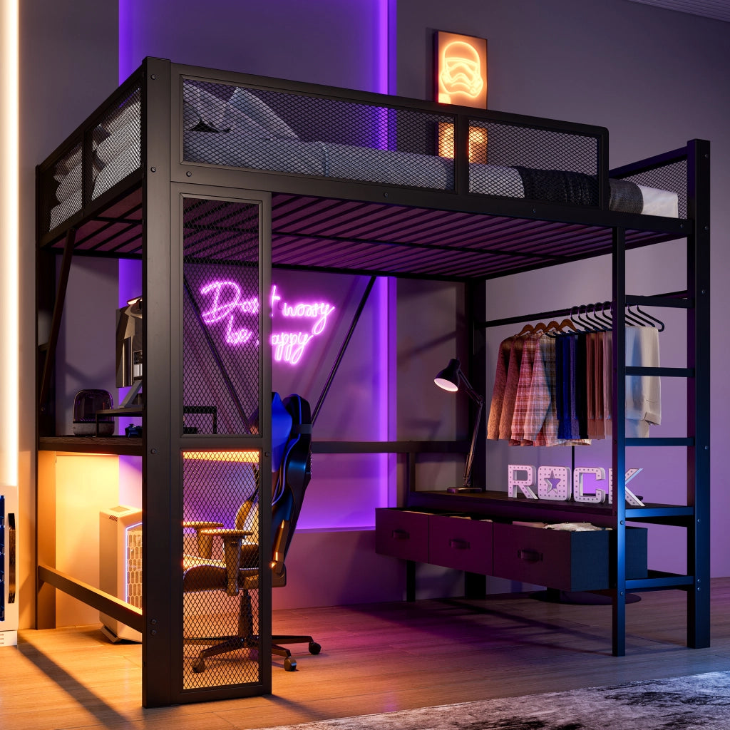 Letto a Soppalco 140x200 cm con Scrivania; Armadio; LED; USB; Scala e Sponde; Nero