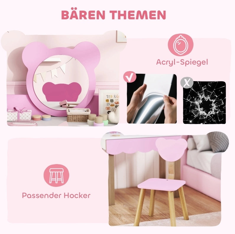 Toeletta per bambini ULEVR rosa con specchio acrilico a forma di orsetto, cassetto e sgabello