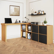 Scrivania girevole 360° in MDF nero e rovere; con 4 vani e 4 cassetti