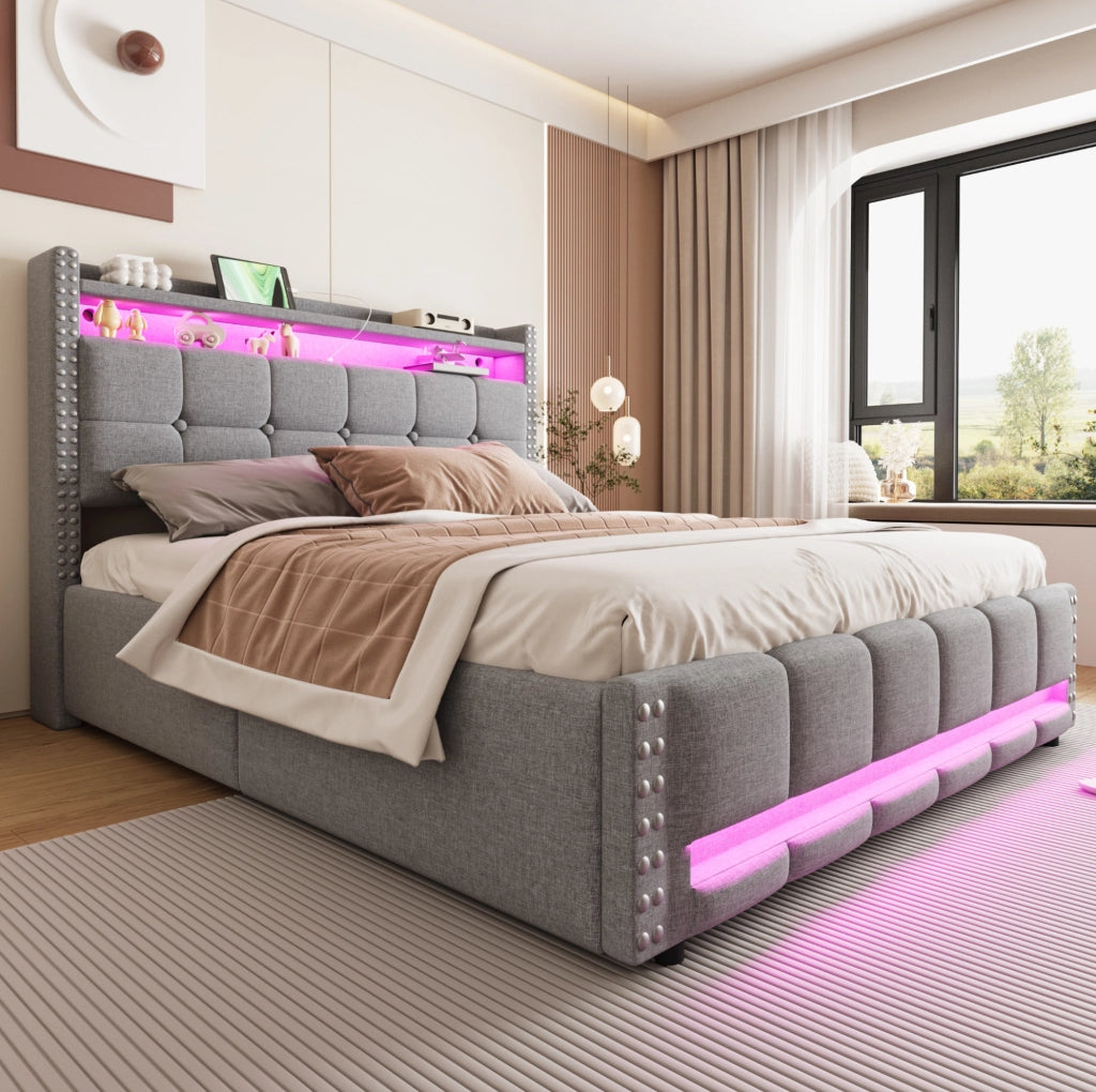 Letto imbottito 160 x 200 cm con LED, presa USB e contenitore
