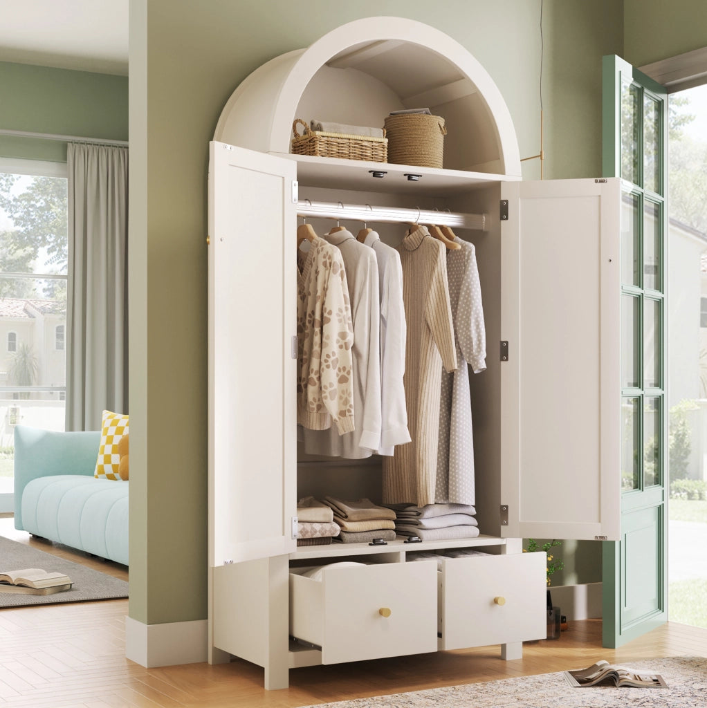 Armadio guardaroba 181x78x45 cm in MDF bianco con intreccio in rattan, 2 ante con chiusura magnetica, 2 cassetti, barra appendiabiti e apertura a mezzaluna