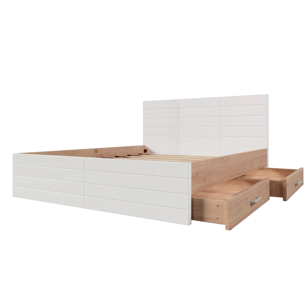 Letto matrimoniale 160 × 200 cm con 2 cassetti, materasso incluso, in legno massiccio e MDF, bianco e rovere