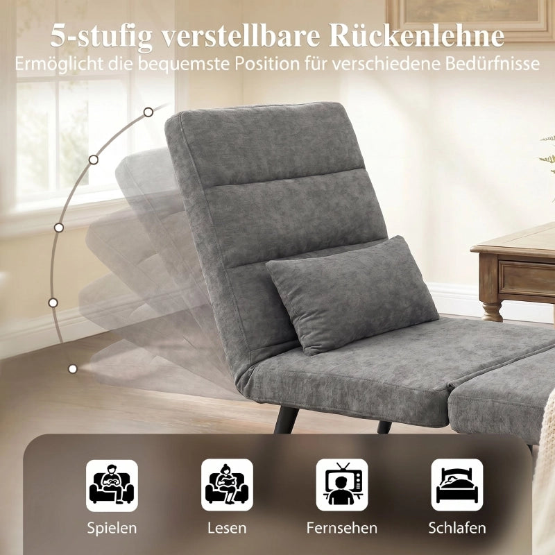 Poltrona letto 3 in 1 in ciniglia grigia con schienale regolabile a 5 livelli e letto singolo 186 × 60 cm