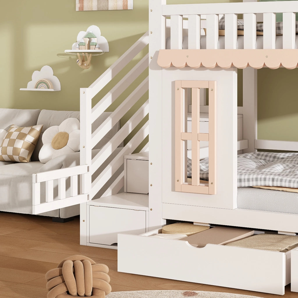 Letto a castello a casetta 90x200 cm con 2 cassetti e scala contenitore; bianco e naturale