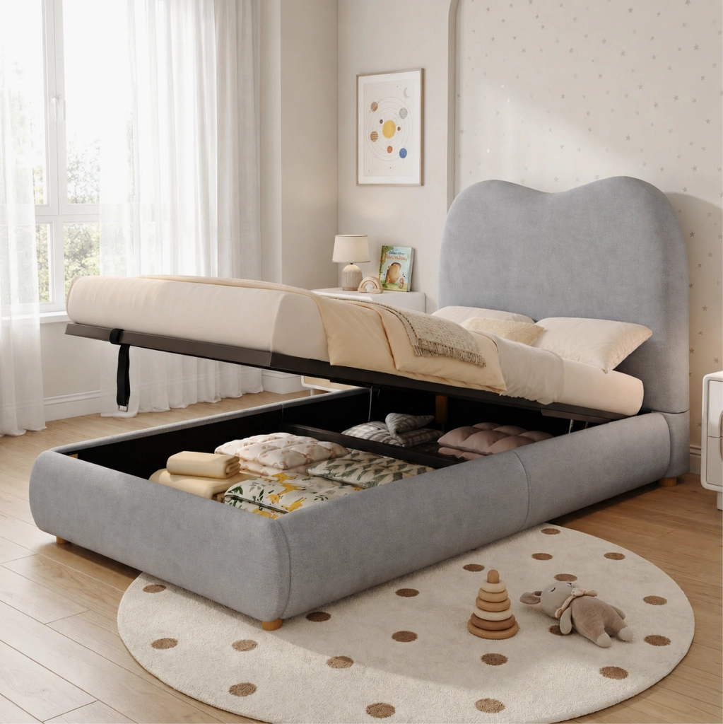 Letto imbottito per bambini grigio con contenitore idraulico