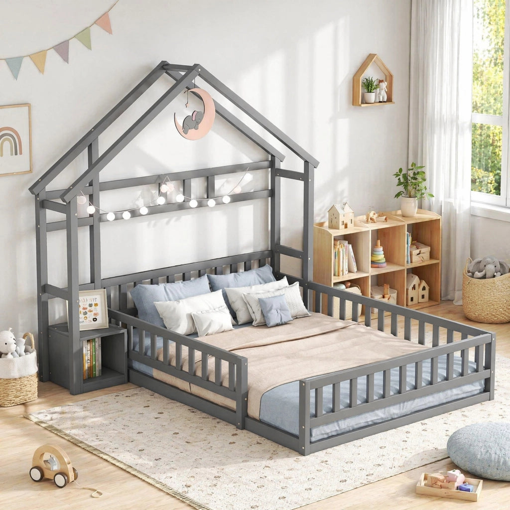 Letto a casetta 140 × 200 cm con barriera e comodino in legno e MDF grigio