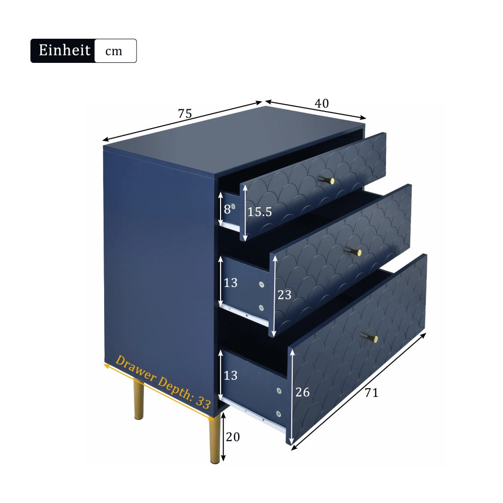 Comò con 3 cassetti, colore blu navy, 75 x 40 x 89 cm