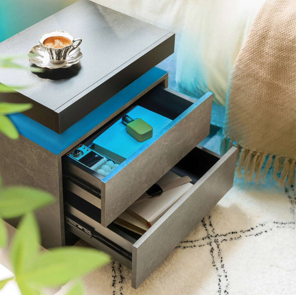 Comodino LED grigio con 2 cassetti e vano a giorno