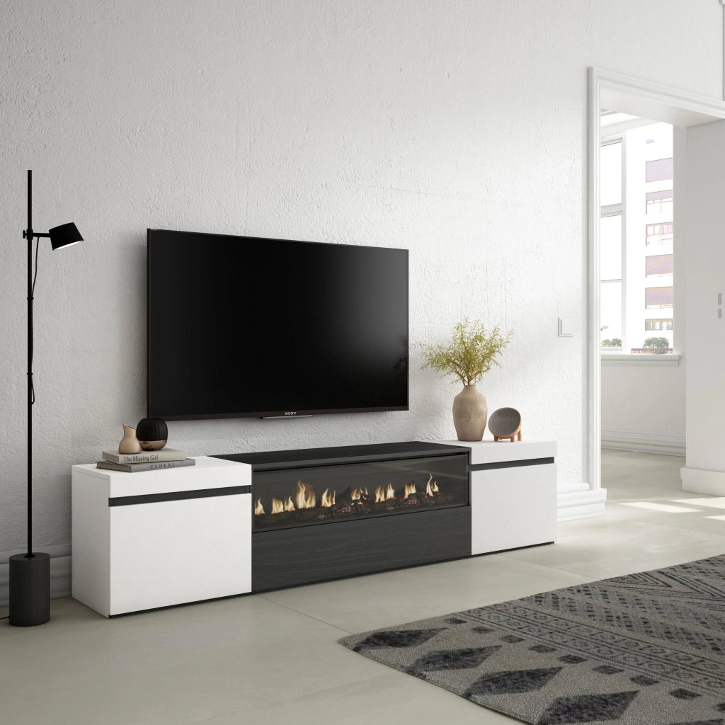 Mobile TV, 200x35x45cm, soggiorno, Per TV fino a 80", Camino elettrico, Bianco e nero RF2169