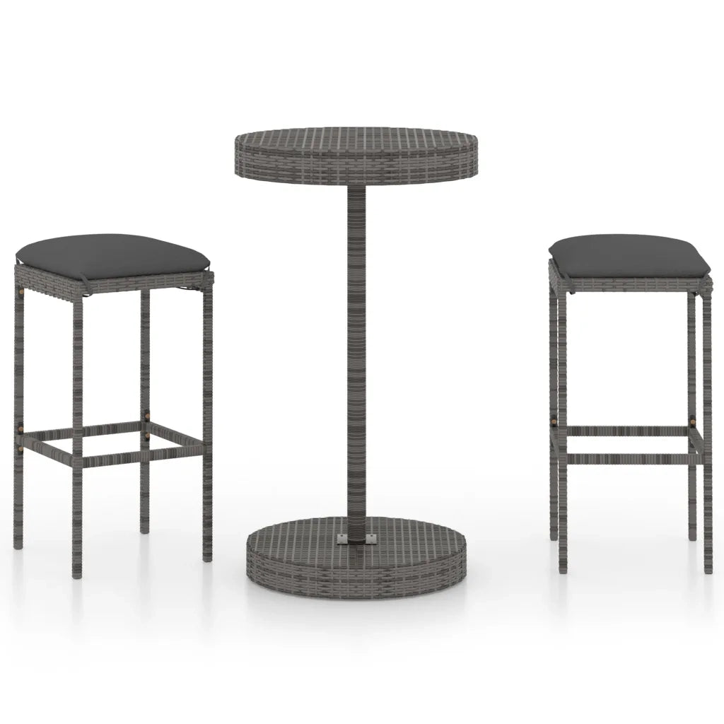 Set Bar da Giardino 3 pz con Cuscini in Polyrattan Grigio