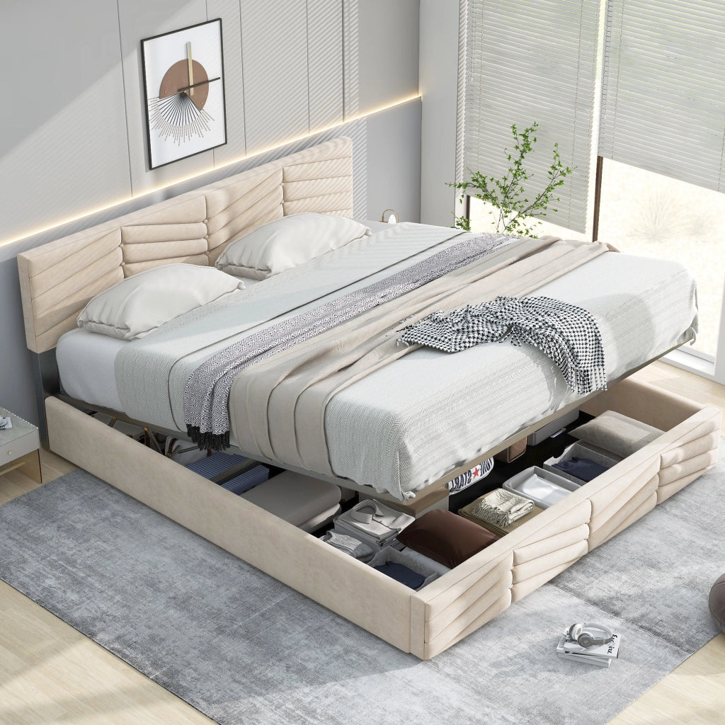 Letto matrimoniale imbottito 140 × 200 cm 2 posti con testiera regolabile, senza materasso, in velluto beige
