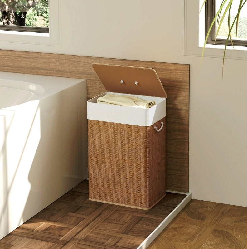 Cesto portabiancheria in bambù con coperchio 72L e sacco estraibile lavabile, con maniglie in corda, per bagno e camera da letto, marrone