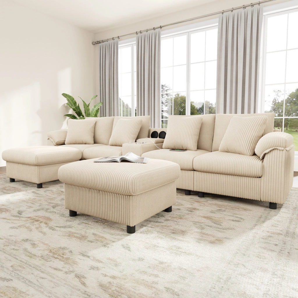 Divano modulare U/L in velluto a coste beige con console Bluetooth; ricarica wireless; USB e Type-C