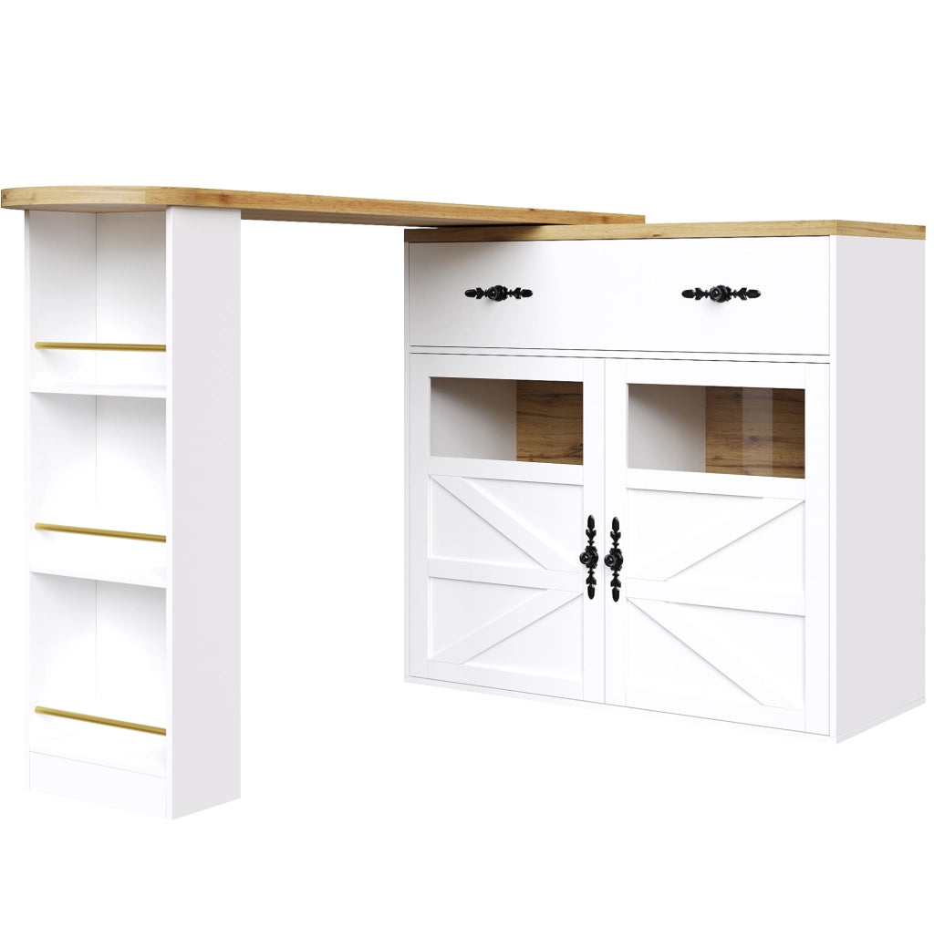 Tavolo bar girevole ed estensibile con contenitore 138-204x39x104 cm in MDF bianco con ripiani