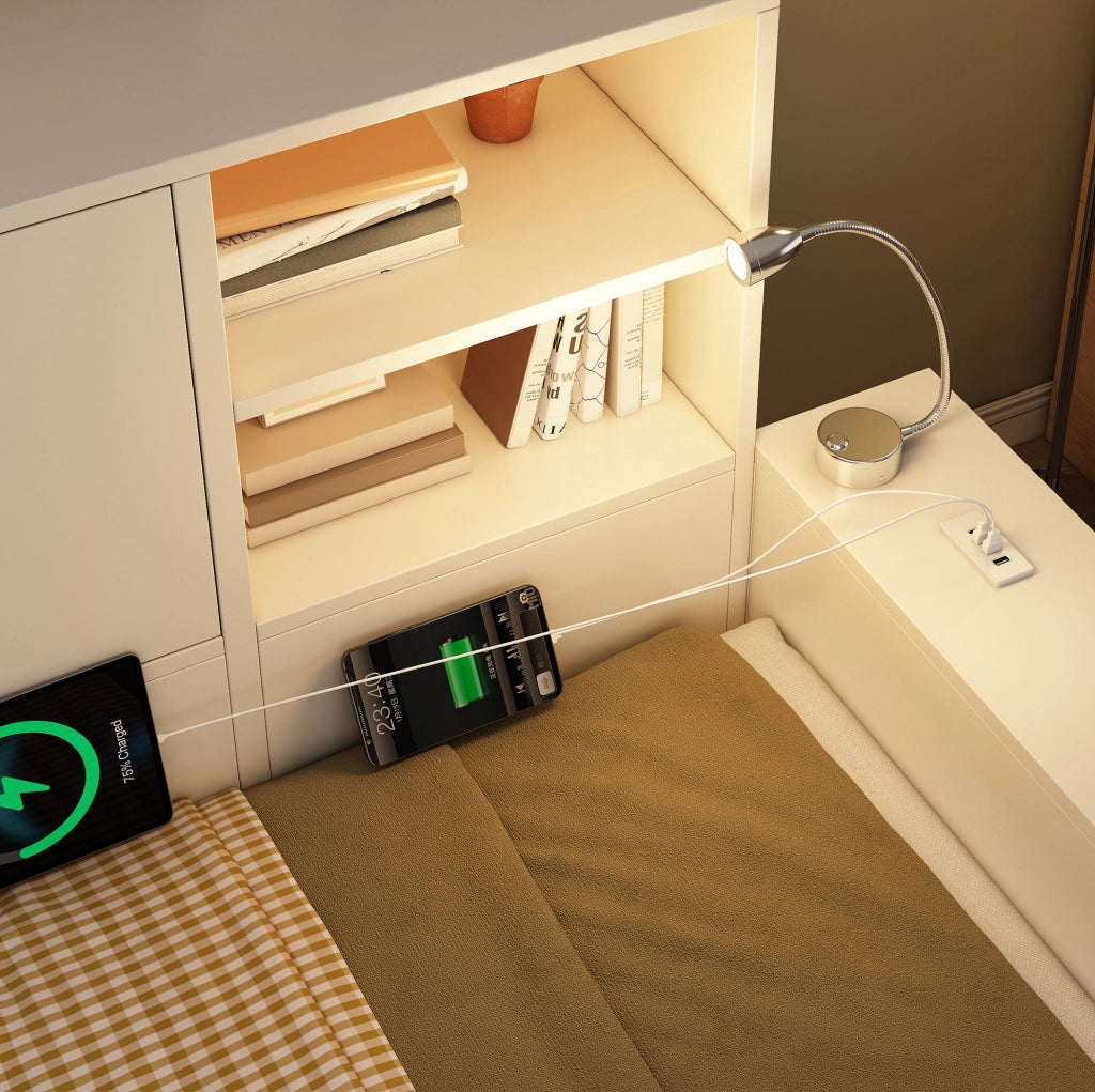 Letto salvaspazio 90x200 cm bianco con letto estraibile, spazio contenitivo, doppie porte e porte USB/USB-C – letto singolo e giorno senza materasso