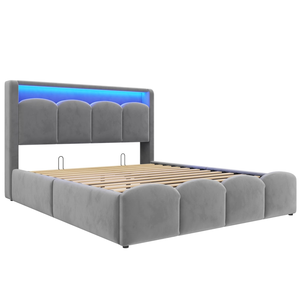 Letto matrimoniale imbottito ULEVR 140x200 cm con contenitore idraulico, LED, USB e Type-C, velluto grigio