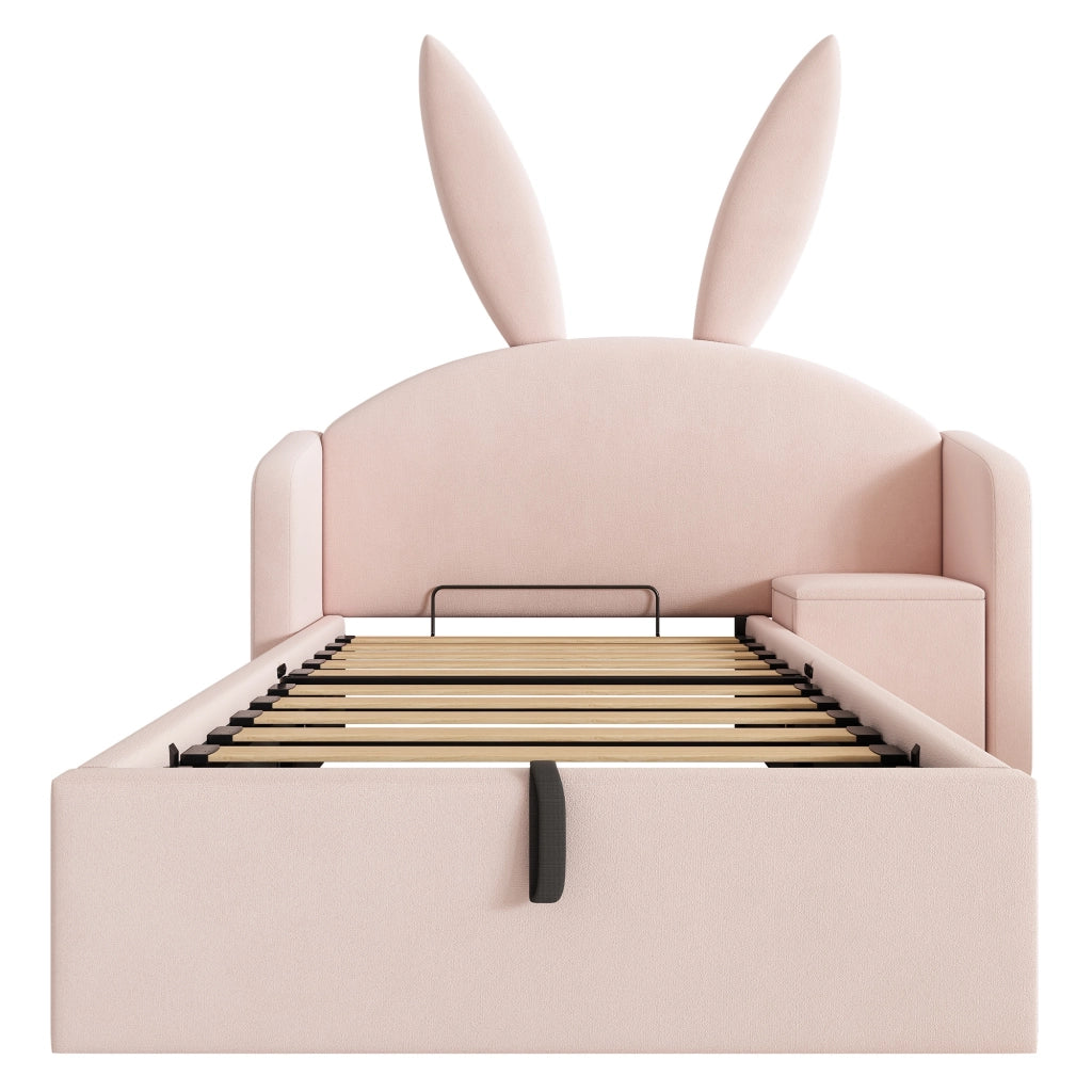 Letto per bambini 90x190 cm, letto idraulico con contenitore, testiera imbottita, forma a orecchie di coniglio, tessuto in velluto, rosa