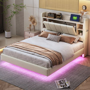 Letto matrimoniale imbottito 140x200 cm beige con LED e USB
