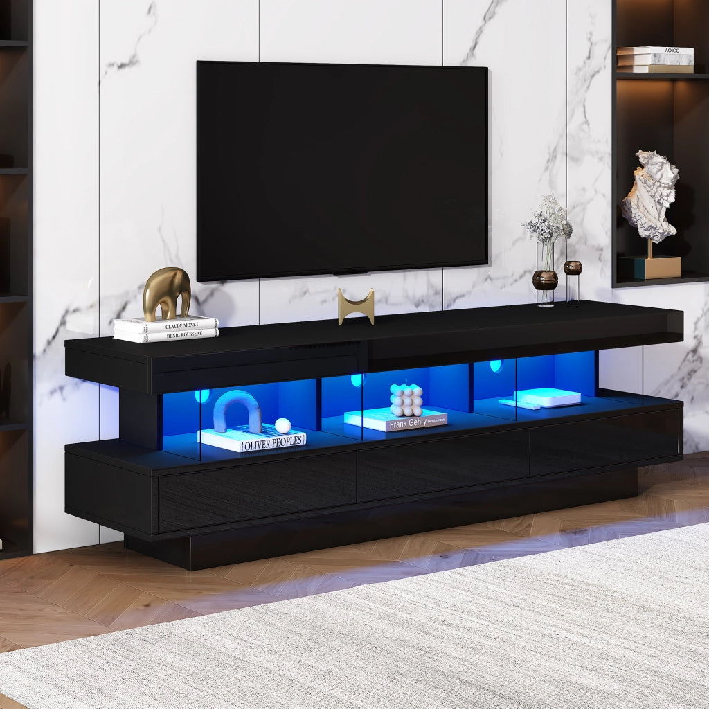 Mobile Porta TV Nero Lucido 160 cm con 3 Ripiani in Vetro e Luci LED App Control per TV fino a 70 Pollici