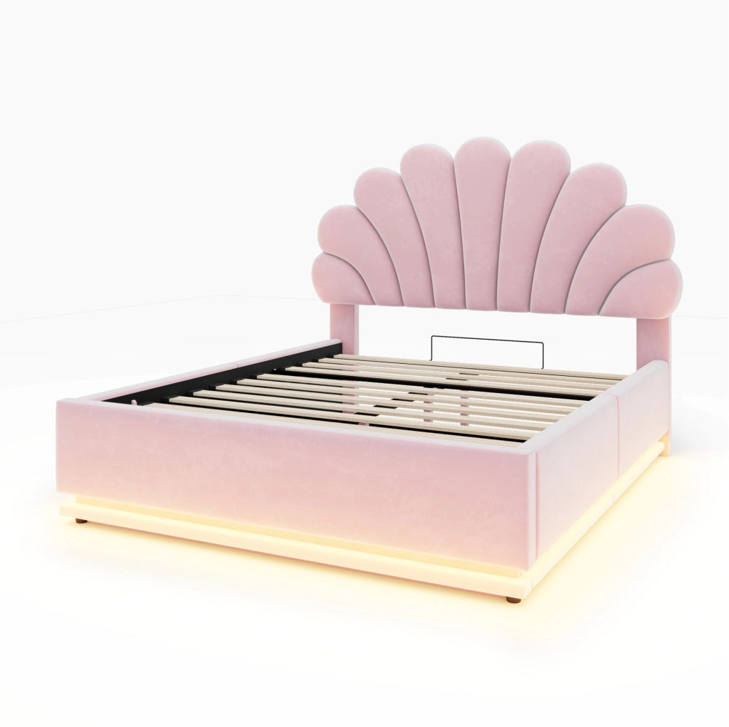 Letto imbottito 140 × 200 cm con contenitore idraulico e LED; velluto rosa