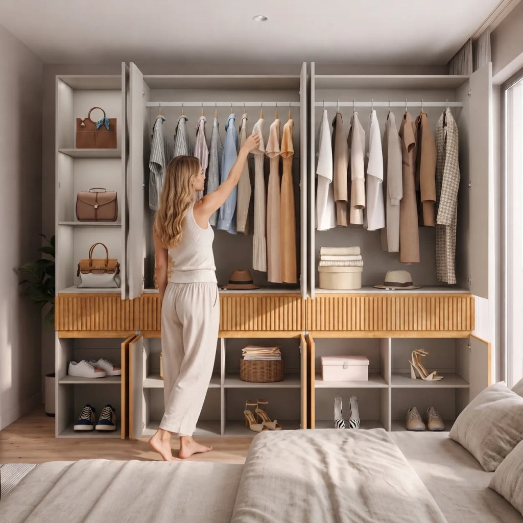 Armadio 10 ante, 225x50x200 cm, 2 appendini e 3 cassetti, rovere chiaro, moderno per camera, corridoio, cameretta o ufficio