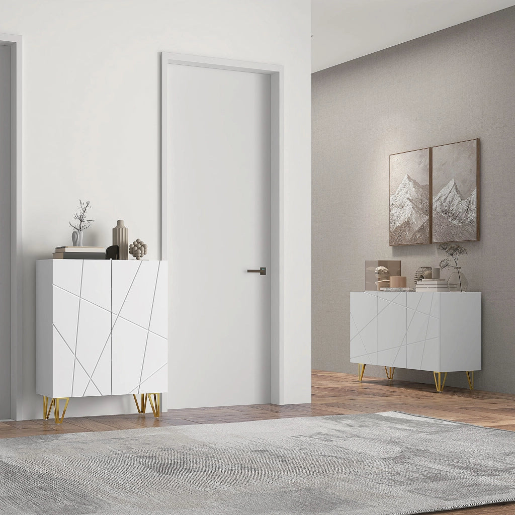 Credenza Moderna Mobile Contenitore per Casa con 2 Armadietti Ripiani Regolabili in Truciolato e Metallo 120x40x75 cm Bianco e Oro