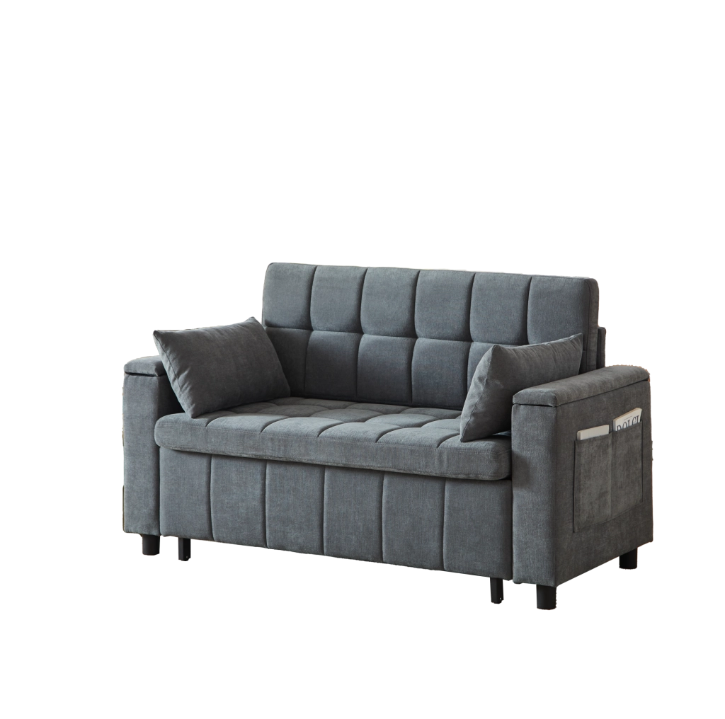 Divano letto 3 in 1 in ciniglia grigio con doppio contenitore e struttura metallica resistente