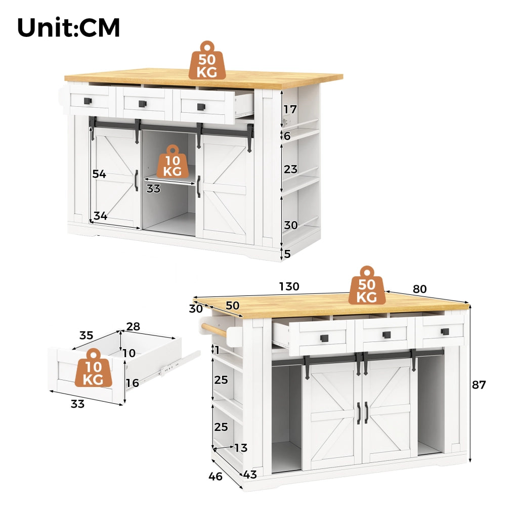 Isola da cucina mobile in MDF con ripiano pieghevole, 130×50(80)×87 cm, con ruote e prese integrate