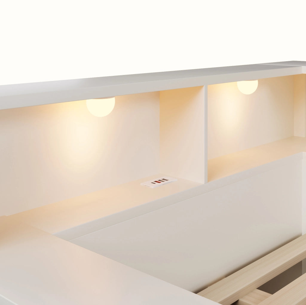 Letto matrimoniale 140x190 cm con contenitore; luci e porte USB/Type-C bianco HOMVRA