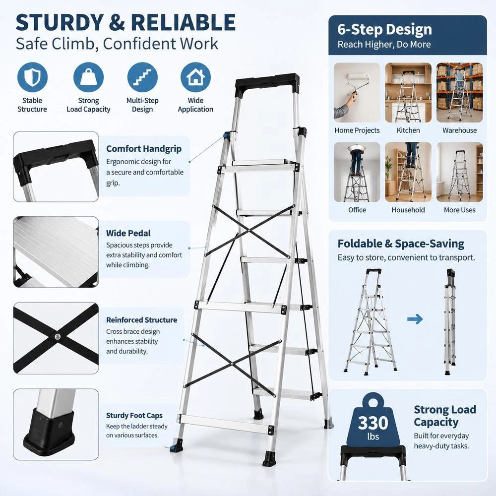 6 Step Ladder, Folding Step Stool With Wide Anti-Slip Pedal And Comfort Handgrip, 330 Lbs Capacity Portable Aluminum Stepladder, Multi-Use For Kitchen, Warehouse, Household And Office, Silver