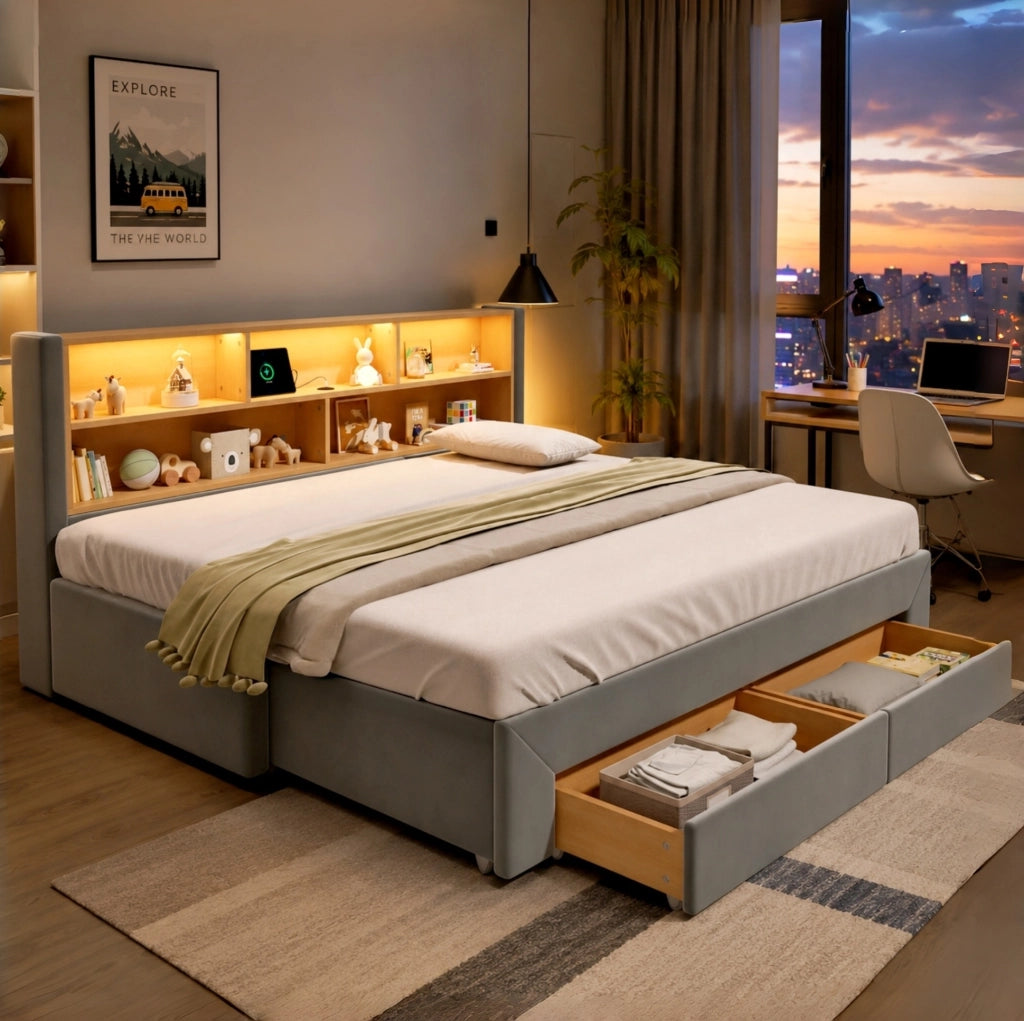 Letto singolo estraibile 90x200 cm con 2 cassetti; LED e USB/Type-C in velluto grigio HOMVRA