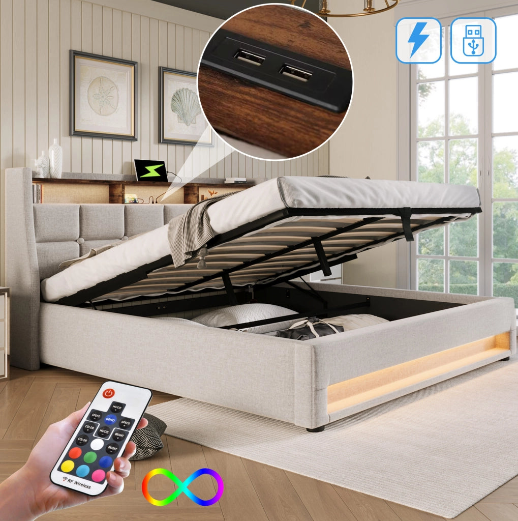 Letto imbottito 140x200cm con LED e porte USB, struttura in lino color beige chiaro senza materasso