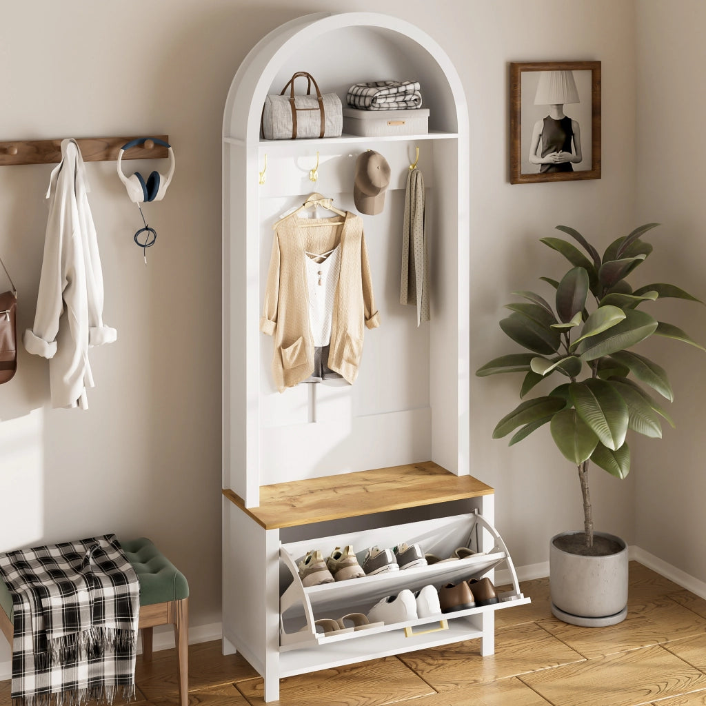 Set mobili da ingresso con scarpiera in MDF bianco e legno
