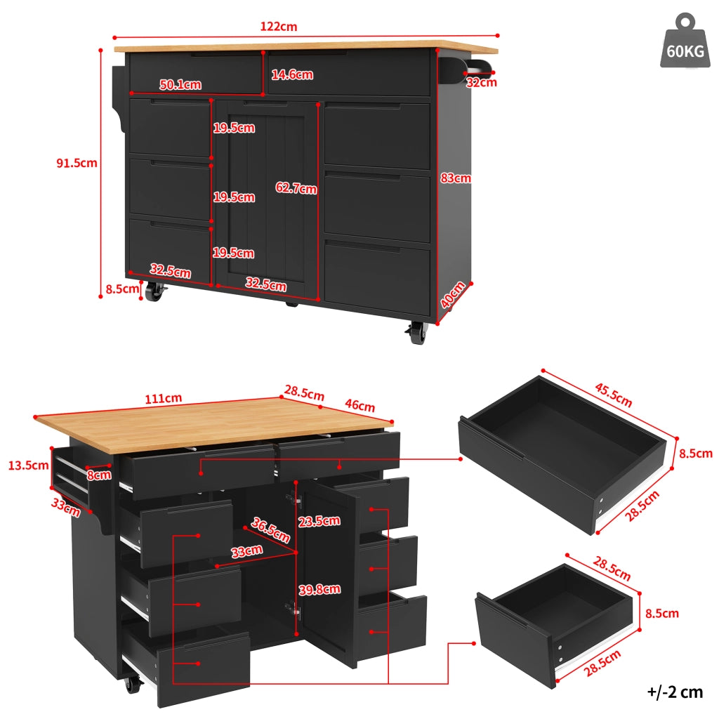 Carrello da cucina con piano ribaltabile 8 cassetti e ruote bloccabili in MDF nero 122 × 46 × 91.5 cm